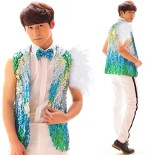 Жилет+ галстук-бабочка), цветные модные Для мужчин 2 Стиль разноцветный майка с пайетками костюм мужской Dj рок джазовое выступление в стиле хип-хоп одежда для сцены, одежда для шоу