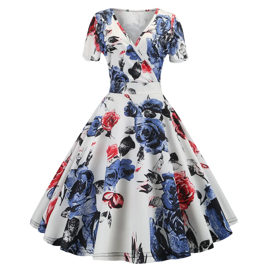 

Dress 2019Top Women Vintage 1950s Retro Short Sleeve Print Evening Party Gown Prom Swing Dress