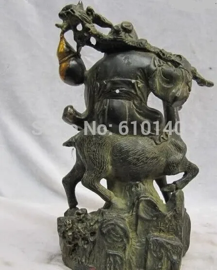 

8 INCH Chinese Folk collection Old Bronze longevity god Ride on spotted deer