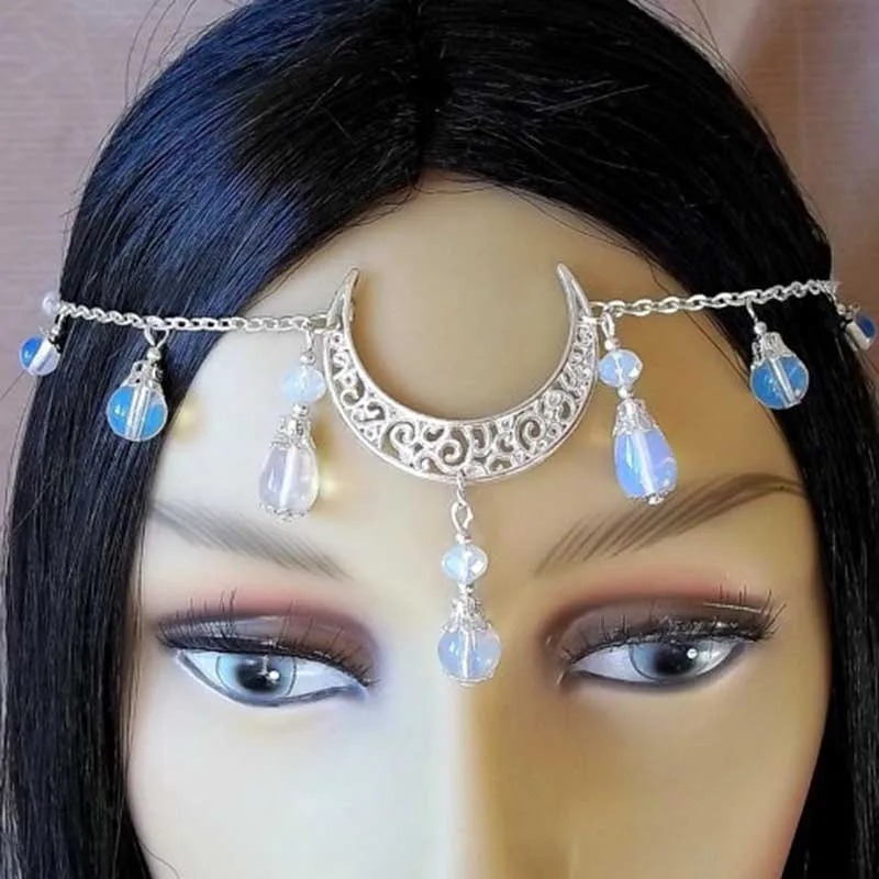 India Jewelry Moon Alloy Crystal Pendant Forehead Headbands Headpiece Tassels Head Chain Women