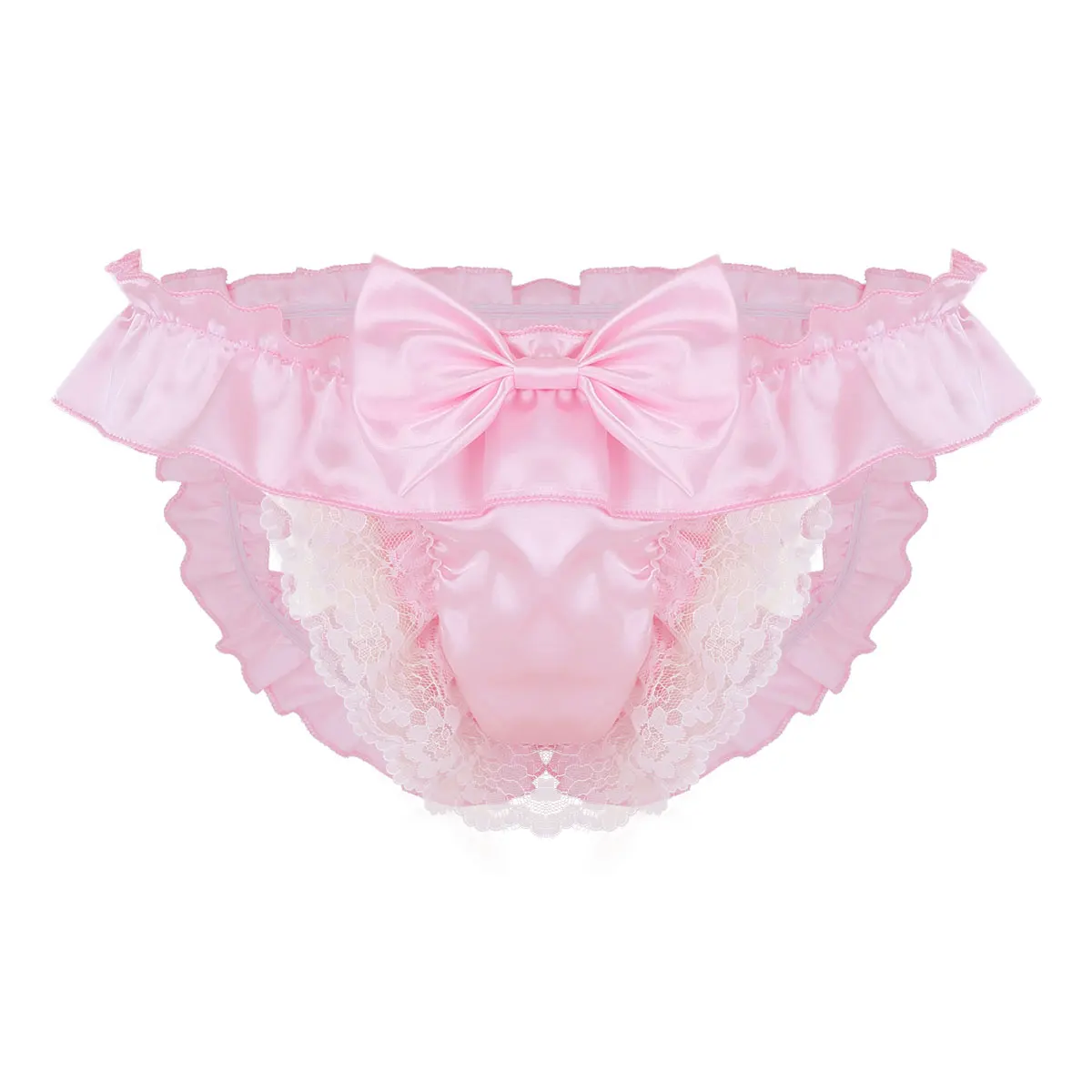 CHICTRY Mens Frilly Lace Trim Satin Open Crotch Bikini Briefs Girly Underwear