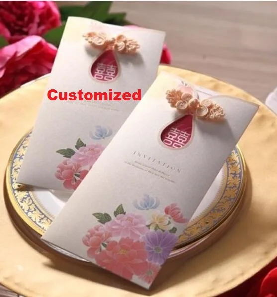 Восточный Чонсам пряжки приглашения на свадьбу, китайский Chirpaur завязанные кнопки пригласительные карты, 100 шт, экспресс - Цвет: Customized print