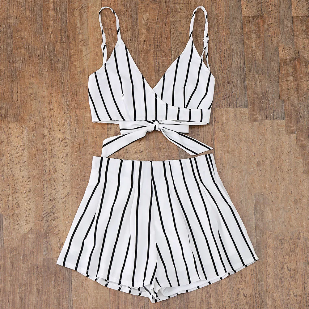 

ZAFUL Sexy Women Beach Cover Up Cami Wrap Top Beach Dress With Striped Shorts Beachwear Bikini Cover Up Women Robe De Plage