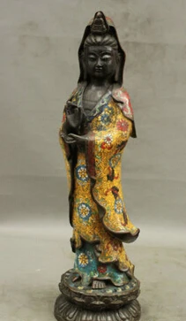 

007001 20" Old Tibet Pure Bronze Cloisonne Enamel Bless Kwan-yin GuanYin Buddha Statue