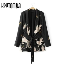 Vintage Chic Cranes Print Sashes Jacket Women Coat 2018 New Fashion Europe Style Loose Bandage Kimono Suits Casual Femme Outwear