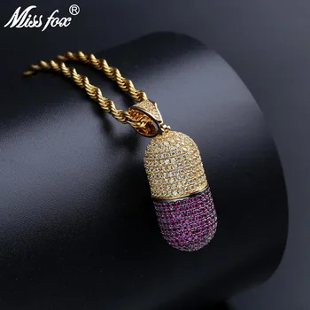 

MISSFOX Hip Hop Thread Handling Capsule Detachable Personalized Necklace 24K Gold Plated Cubic Zirconia Avocado Locket Pendant