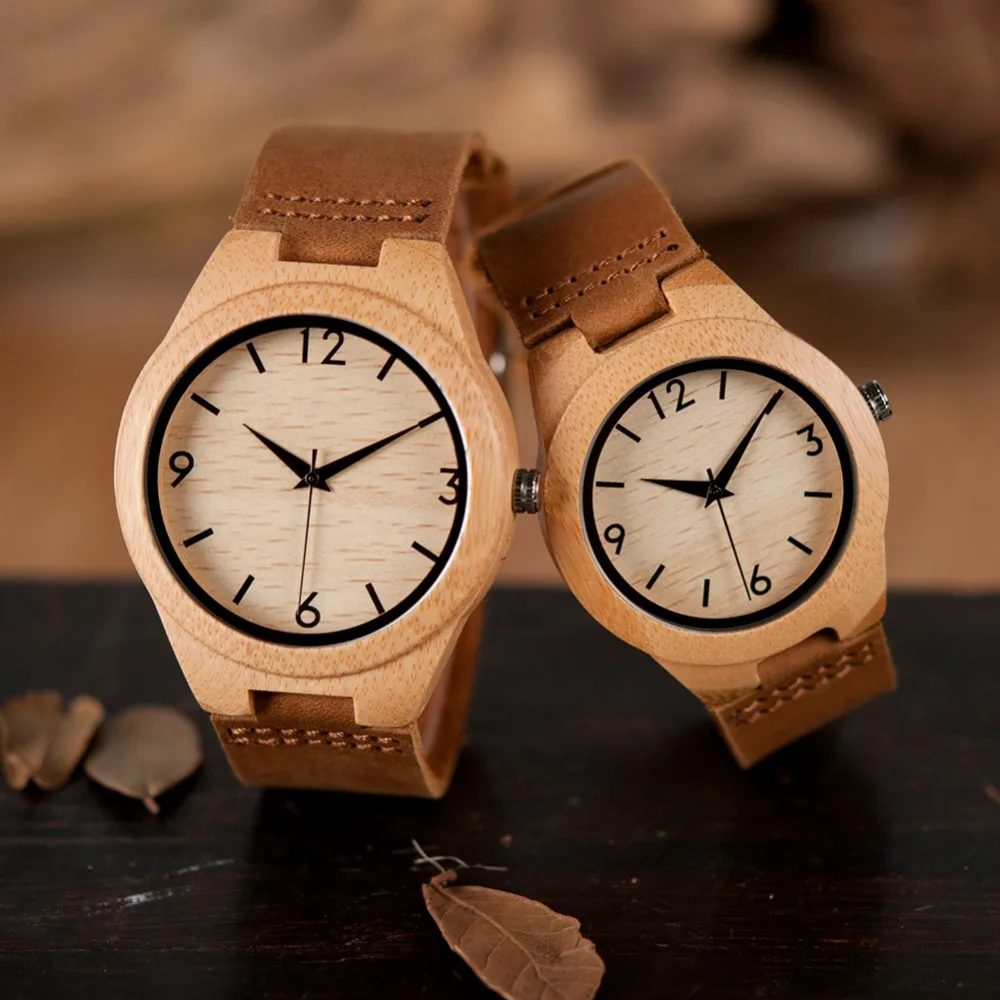 BOBO BIRD WA31A32 Bamboo Wooden Watches for Men Women Number Scales Leather Band Lovers Quartz Watch