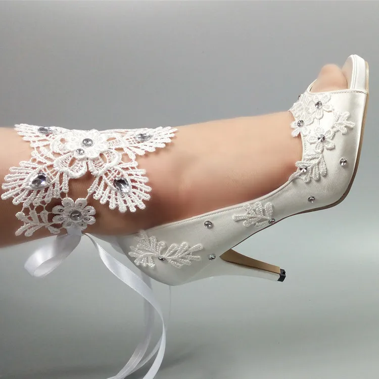 Peep Toe White lace up party shoes Women's Pumps Fish toe ...