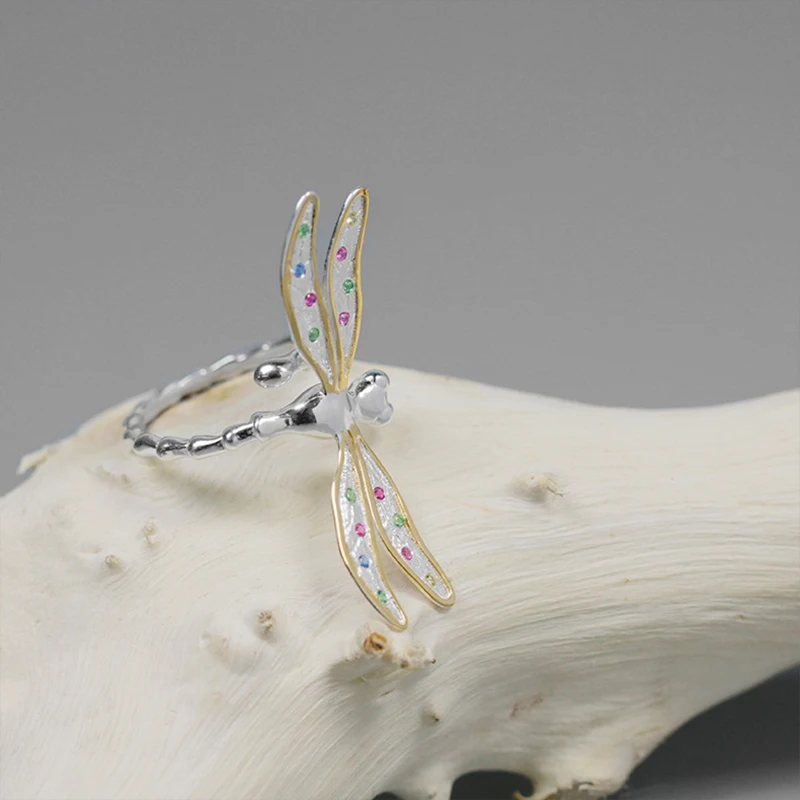 Lotus Fun Real 925 Sterling Silver Handmade Fine Jewelry Multicolor Zirconia Beautiful Dragonfly Design Rings For Women