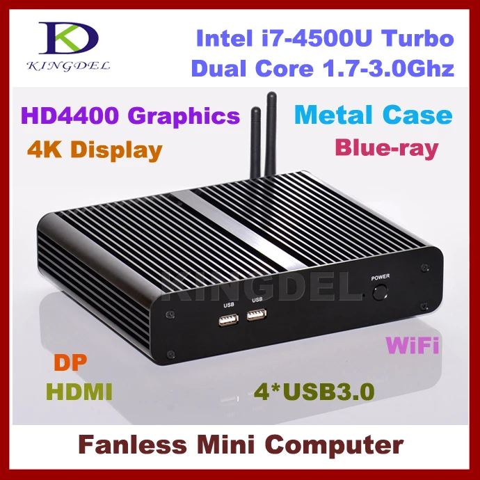  Fanless Thin Client Computer, Mini PC, Intel i7-4500U Turbo Boost 3Ghz, 4GB RAM, 128GB SSD, 4*USB 3.0, 4K, HDMI, DP Supported 