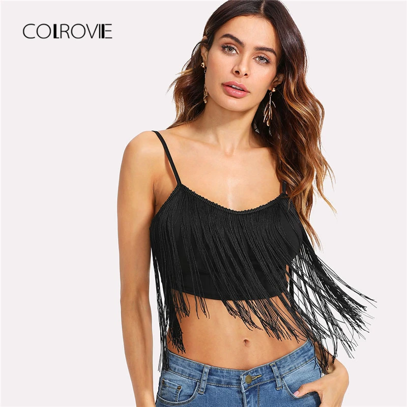 COLROVIE кисточкой Украшенные Crop Cami Top Лето г. черный совок средства ухода за кожей Шеи бахрома майка одежда Спагетти ремень для женщин Топ