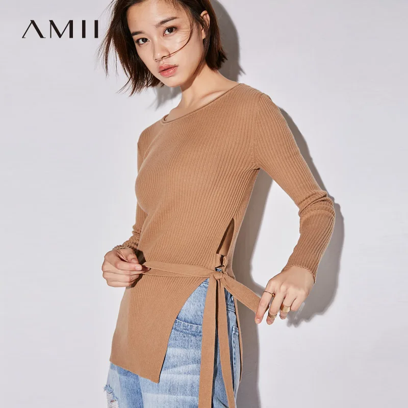 

Amii Minimalist Casual Women Sweater 2019 Solid O Neck Straps Female Pullovers Sweaters