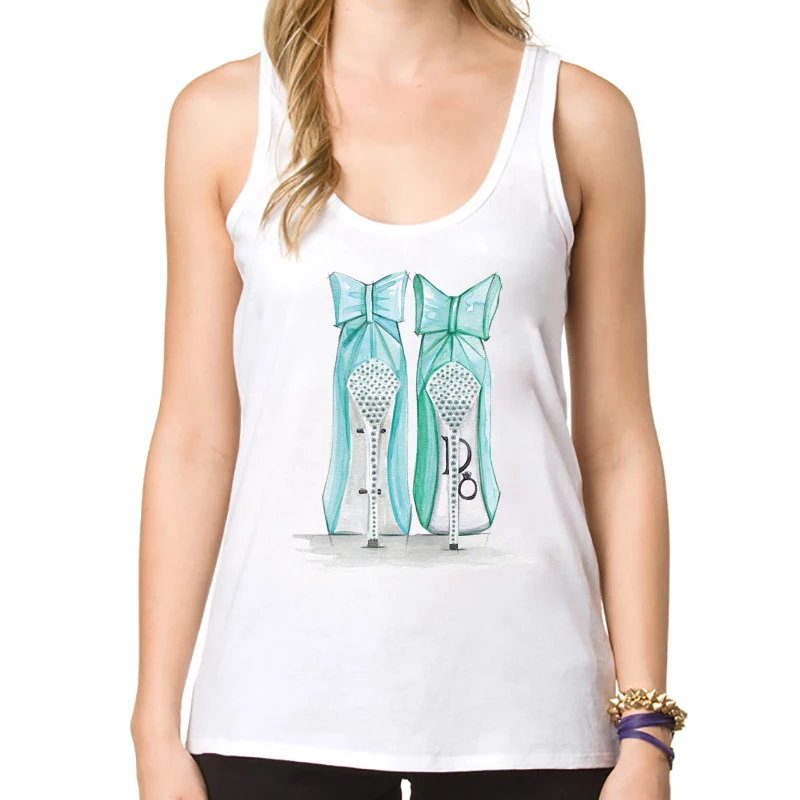 

2019 Women Beautiful Hign Heel Design Tank Tops Sleeveless Slim Lady Camisoles Novelty O-Neck Girl's Vest