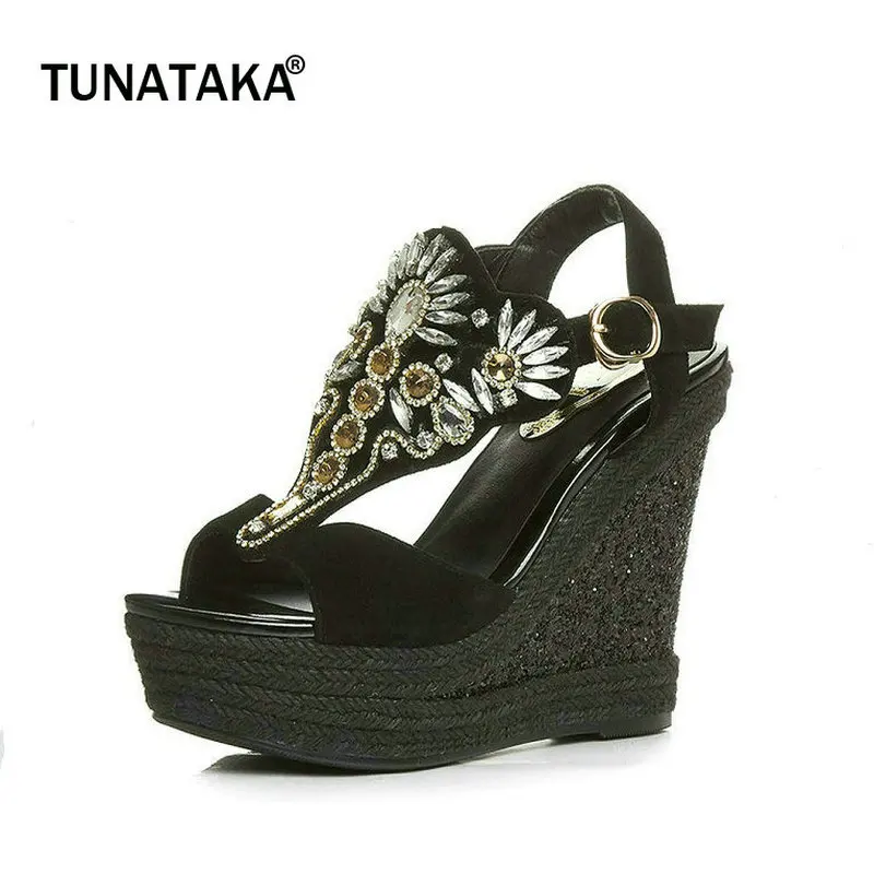 

Genuine Leather Comfort Wedges High Heel Open Toe Woman Sandals Fashion Buckle Dress Summer Shoes Woman Black