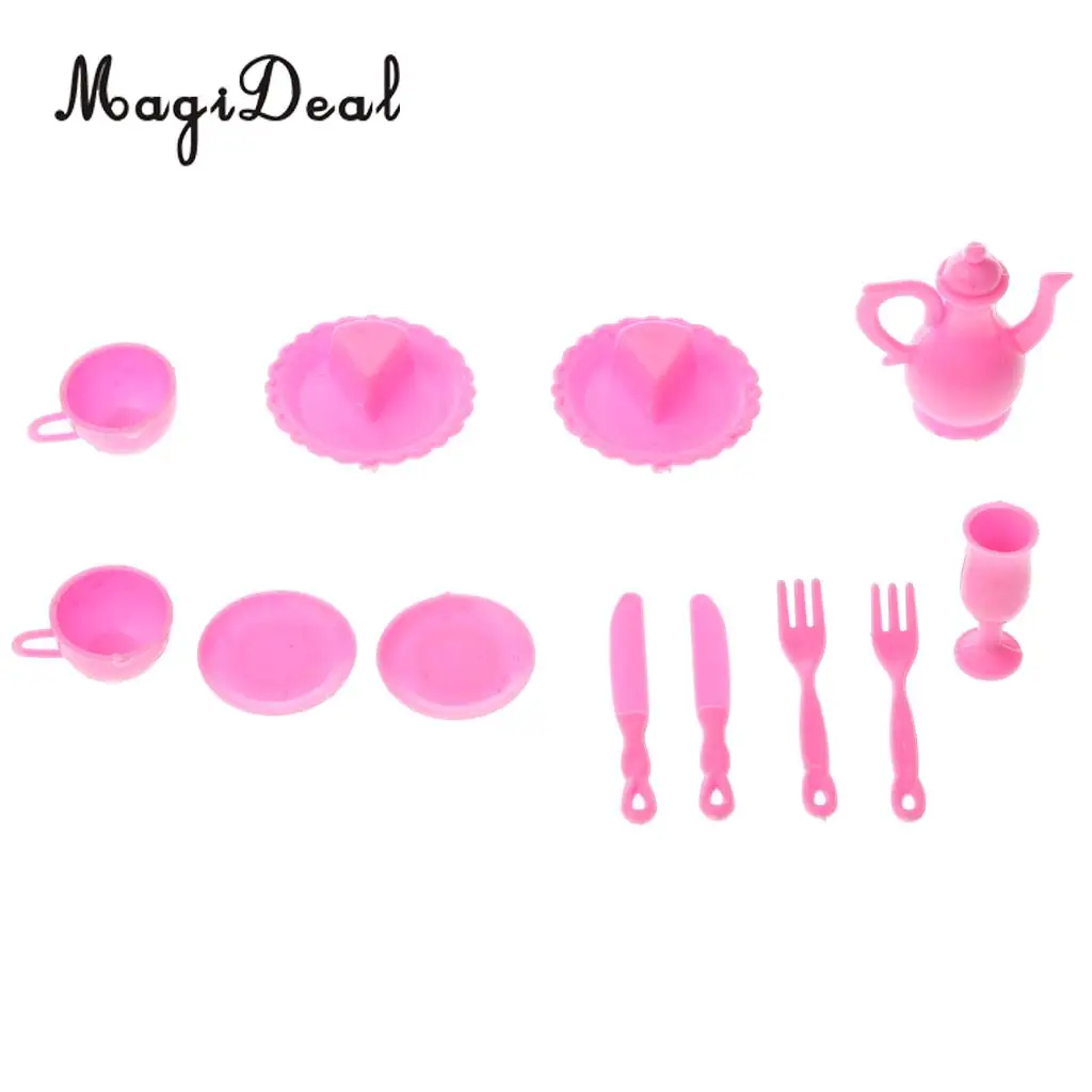 Set of Dollhouse Dining Room Tableware Teacups Dessert Plates Spatula for Dolls Home Decor Accessory Girl Kids Toys Pink