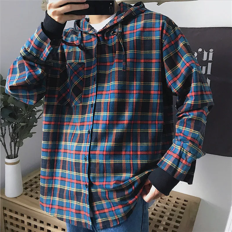 

2018 Men's Lattice Printing Hat Classic Style Patchwork Hawaiian Coats Loose French Cuff Brand Cotton Clothes Fashion Shirts