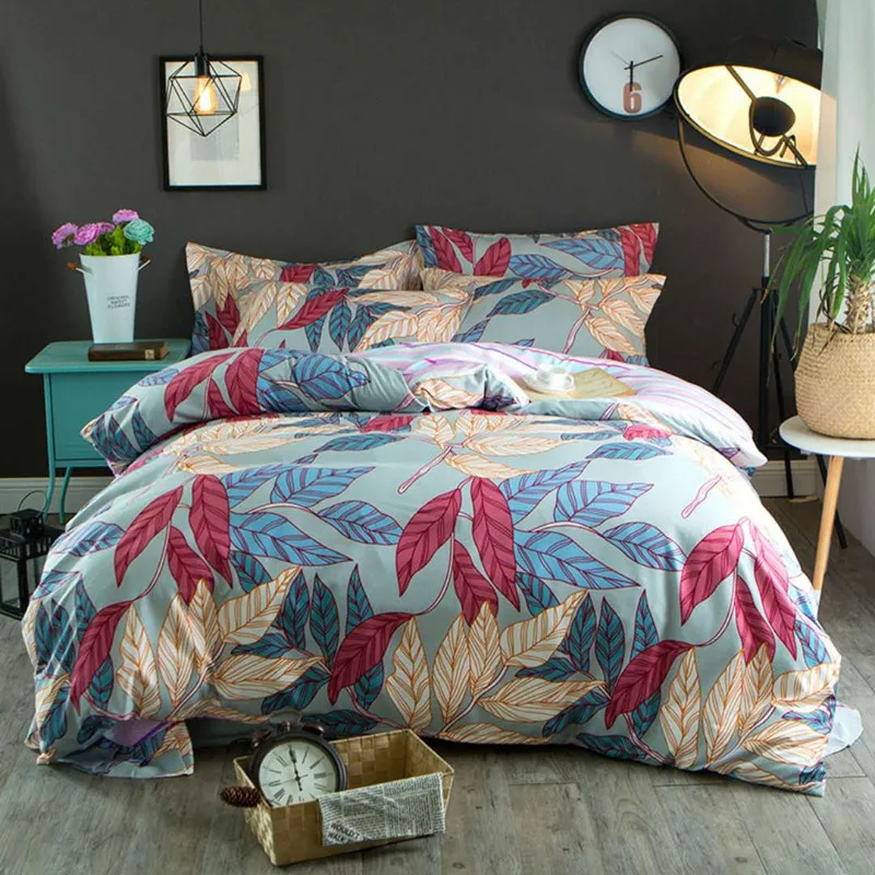 

Leaves Print Floral Bedding Set Pastoral Style Bed set High quality cotton Queen Plaid Duvet Cover Set Flat Sheet 2 Pillowcases