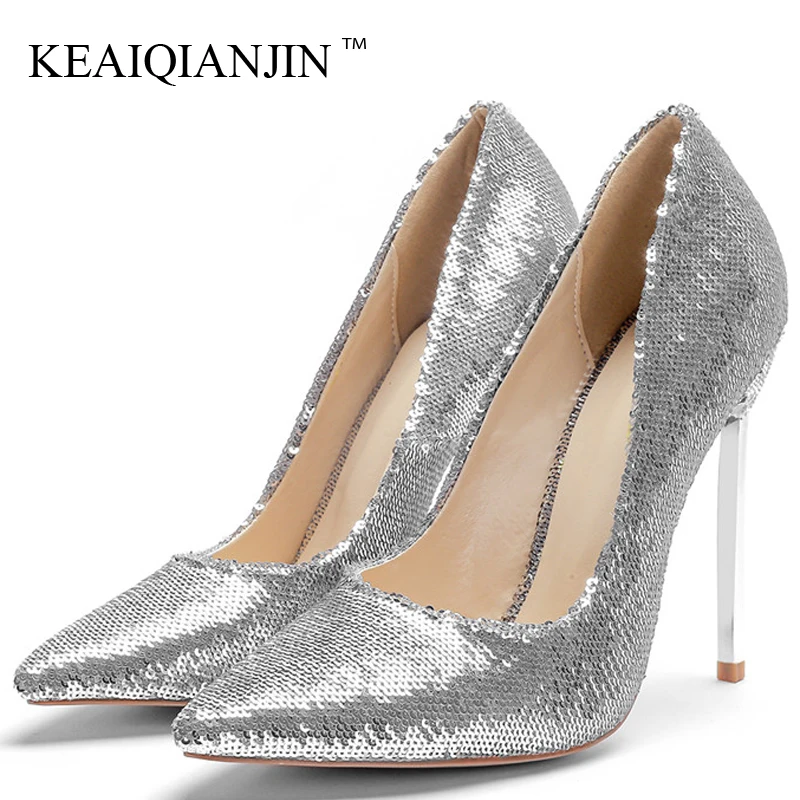 

KEAIQIANJIN Silver Gold Womem's High Heels Shoes Sexy Valentine Shoes Woman Plus Size Pointed Toe Wedding Bridal Shoes Pumps