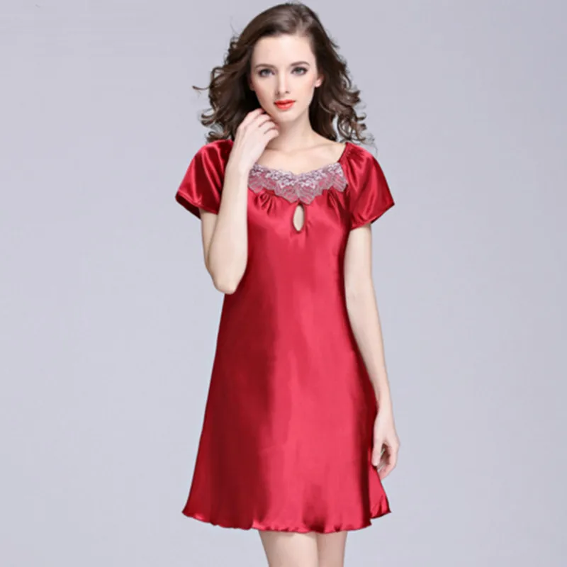 New Sweet Women Imitation Silk Nightgown Fashion Knee Length Girl 