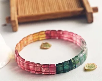 

Genuine Natural Rainbow Colorful Tourmaline Clear Rare Bracelet Rectangle Beads 8mm Crystal Brazil Bangle AAAAAA Certificate