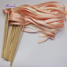 Venda quente 50 pçs/lote coral e varinhas fita de casamento champagne com ouro sino Twirling Flâmulas da fita do casamento da fita stick