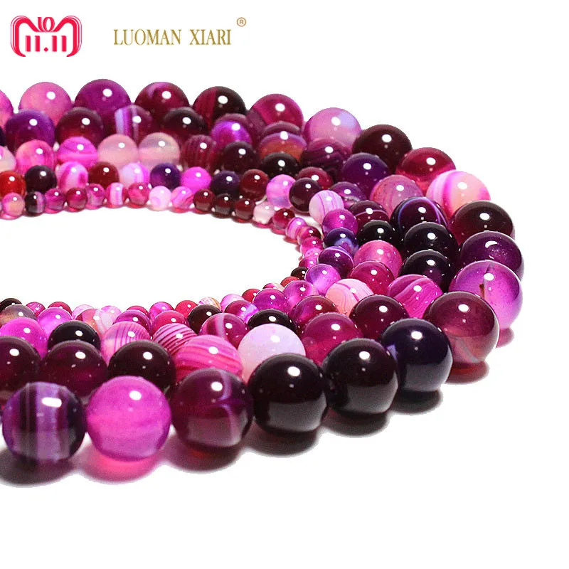 

Wholesale Natural Stone Beads For Jewelry Making Stripes Rose Red Agat DIY Bracelet Necklace Round Crystal 4 6 8 10 12 mm 15''