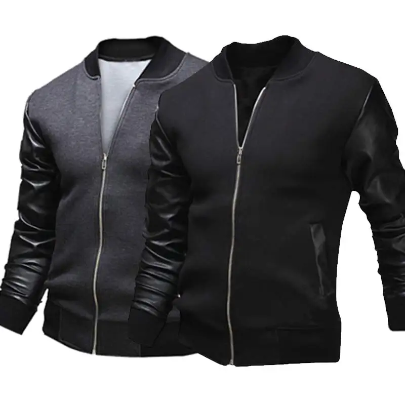 New Fashion Autumn Slim Fit Casual Baseball Jackets PU Leather Sleeve