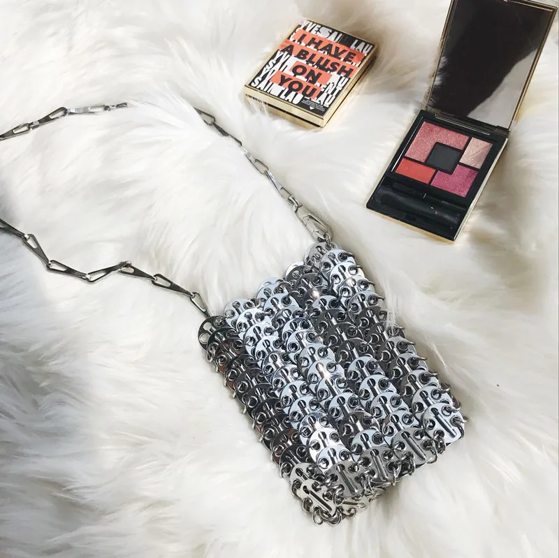 Luxury Designer Women Bags Pure Metal Sequins Chain Woven Bag Hollow Evening Bags Clutch Female Travel Holiday Shoulder Bag
