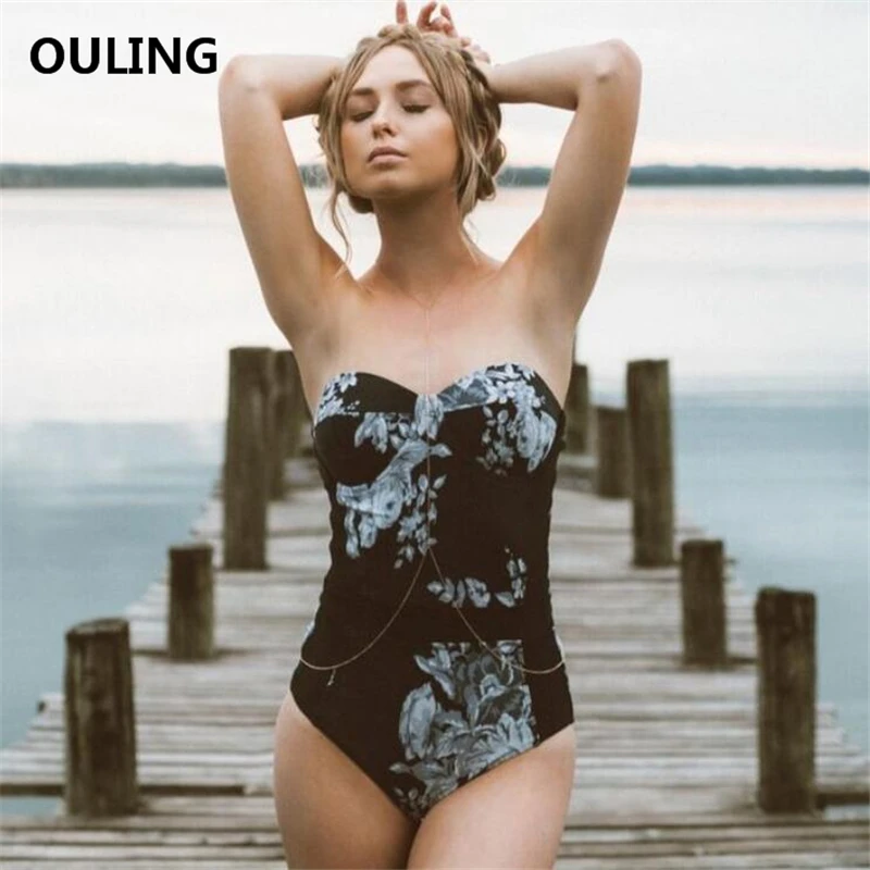 

High Waisted Push Up Swimwear Women One Piece Plus Size Swimsuit XL Strapless Padded Bodysuit High Quality Floral Bathing Suit