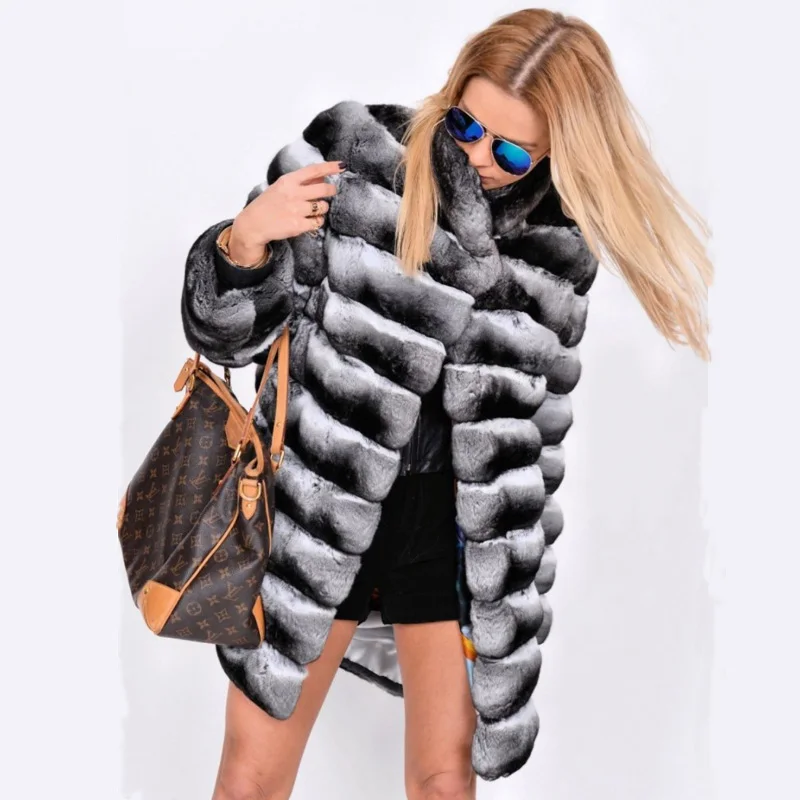 Новая модная шуба из натурального меха кролика Рекс шиншилла для женщин, зимняя теплая куртка с воротником-стойкой, шуба из натурального меха, роскошная RB-059 - Цвет: RB-059 Length 90cm