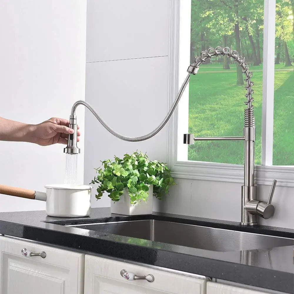 MOIIO  NEW Single Handle Kitchen Faucet With Spring Brushed Nickel Pull Out Sprayer Single Lever Pull Down Kitchen Sink Faucets