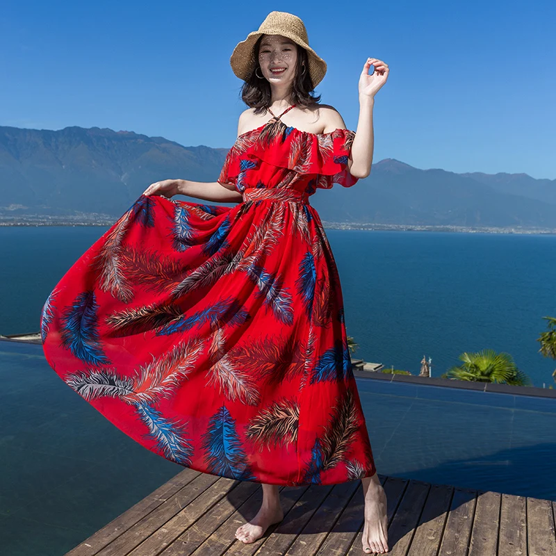 

Boho Floral Printing Long Dress 2019 Summer Women Halter Off Shoulder Ruffled Beach Maxi Dress Female Bohemian Chiffon Dress