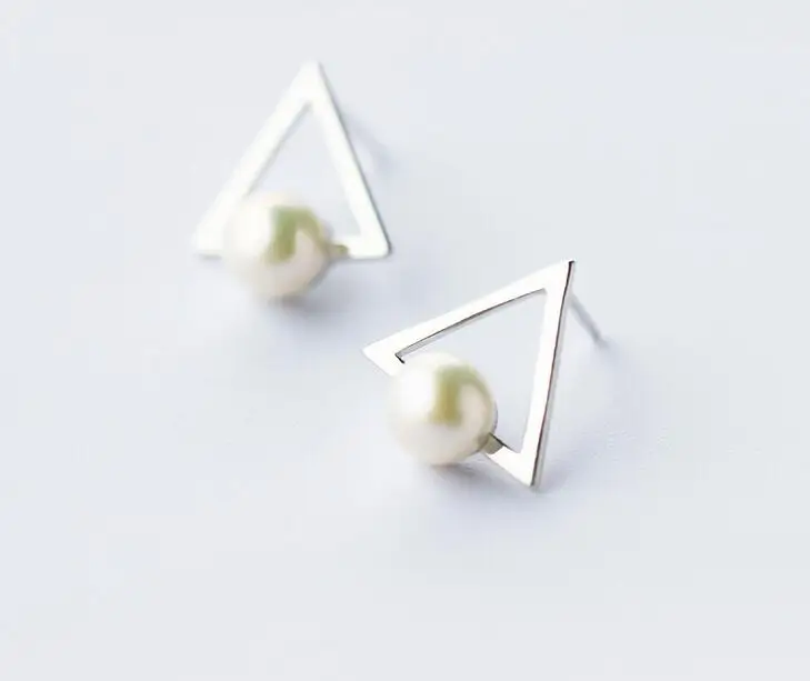 

fashion 1pair Real. Sterling Silver Jewelry freshwater pearl into the open triangle stud Earrings Geometric GTLE1242
