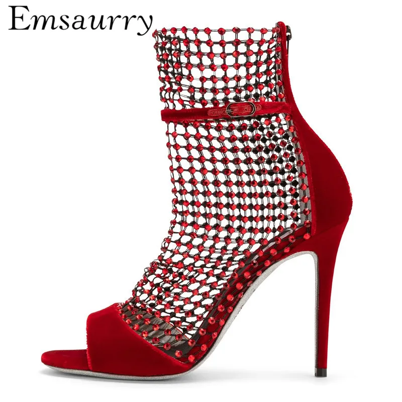 

Sexy Air Mesh Gladiator Sandals Women Thin High Heels Open Toes Ankle Strappy Bling Rhinestone Catwalk Sandalias