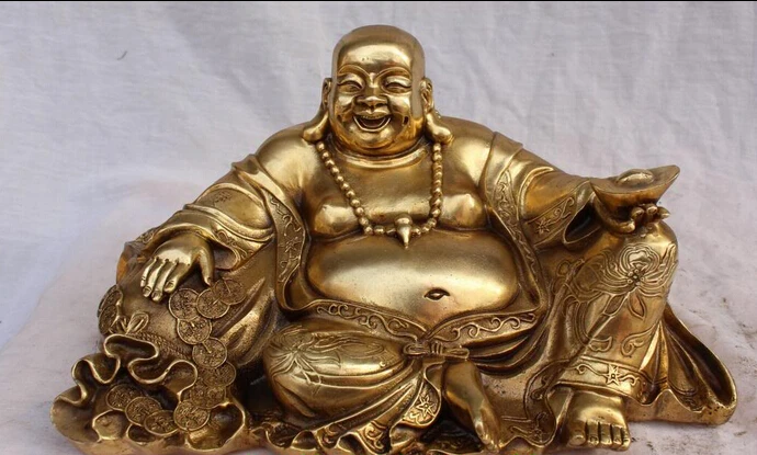 

bi003517 14" Chinese Bronze Wealth YuanBao Happy Laugh Maitreya Buddha Money Bag Statue