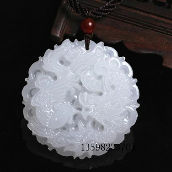 

50*50 Natural White Jade Dragon Phoenix Stone Pendant Necklace Women Jewelry Stone Shaped Pendant Retro Necklaces Sweater Chain