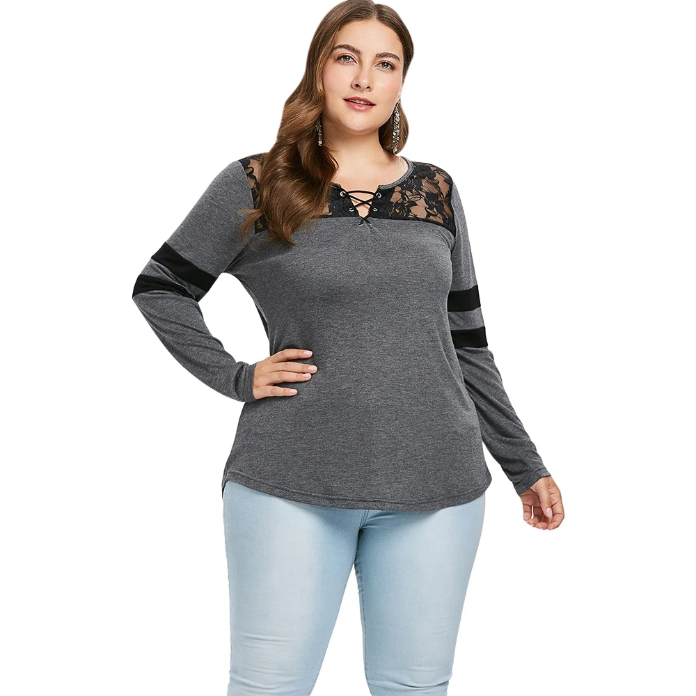 5XL Plus Size Long Sleeve Lace Yoke T shirt Women Casual O neck Floral