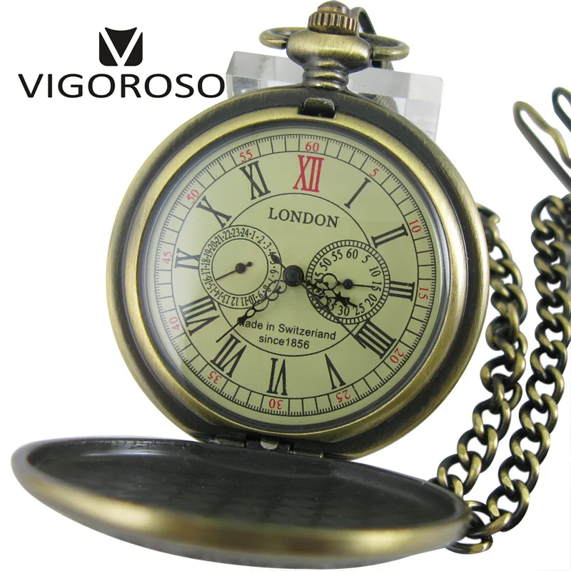 

Luxury Two Sub-dials Mechanical Pocket Watch Hand Winding Bronze Alloy Skeleton Back FOB Chain Vintage Retro Roman Numeral Clock