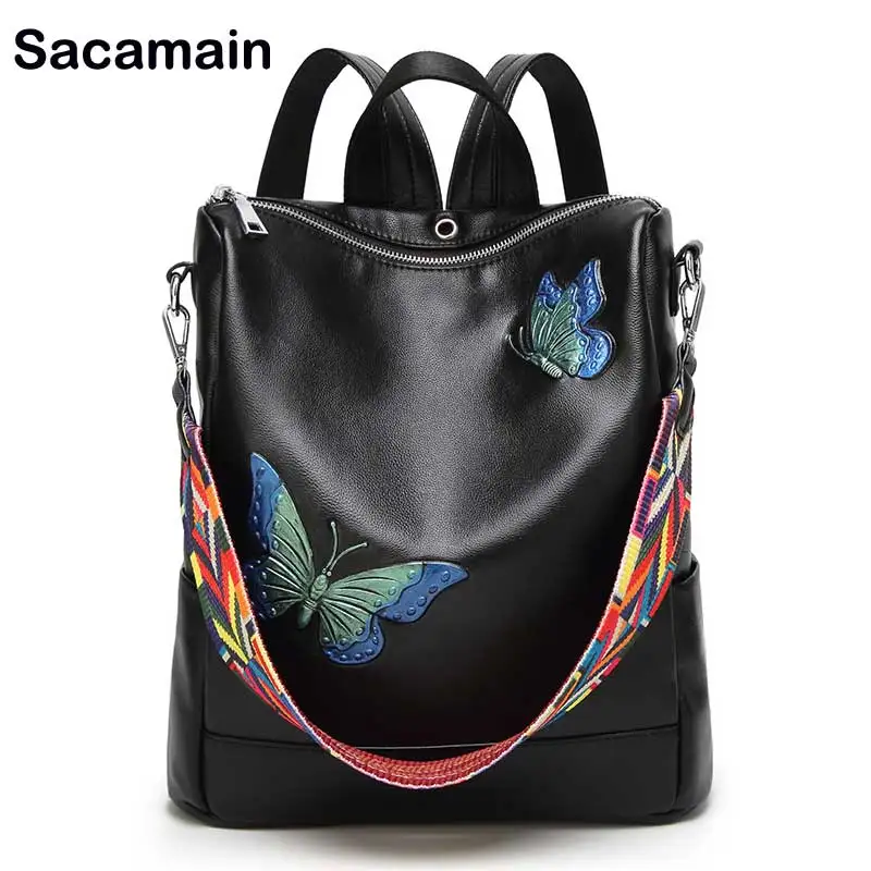 Embroidery Butterfly Waterproof Daily Backpack For Girls Genuine Leather Backpack Large Capacity Travel Bag Nationally Backpacks