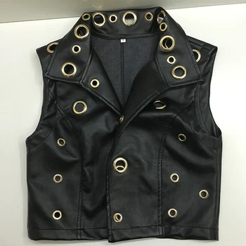 

2018 Microfiber Vest Time-limited New Three-dimensional Cut Iron Ring Pu Imitation Leather Sleeveless Loose Punk Metal Female
