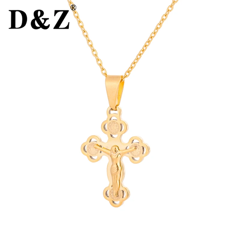

D&Z Cross Necklace Pendant Gold Color Stainless Steel for Men Chain Crucifix Jesus Catholic Pendant & Necklace Christmas Gifts