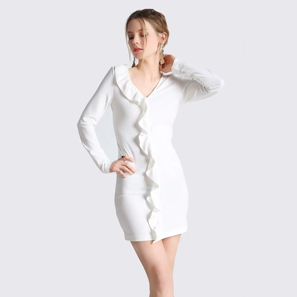 Spring Women Sexy White Bodycon Mini Dress Long Sleeve Ruffles Tight ...