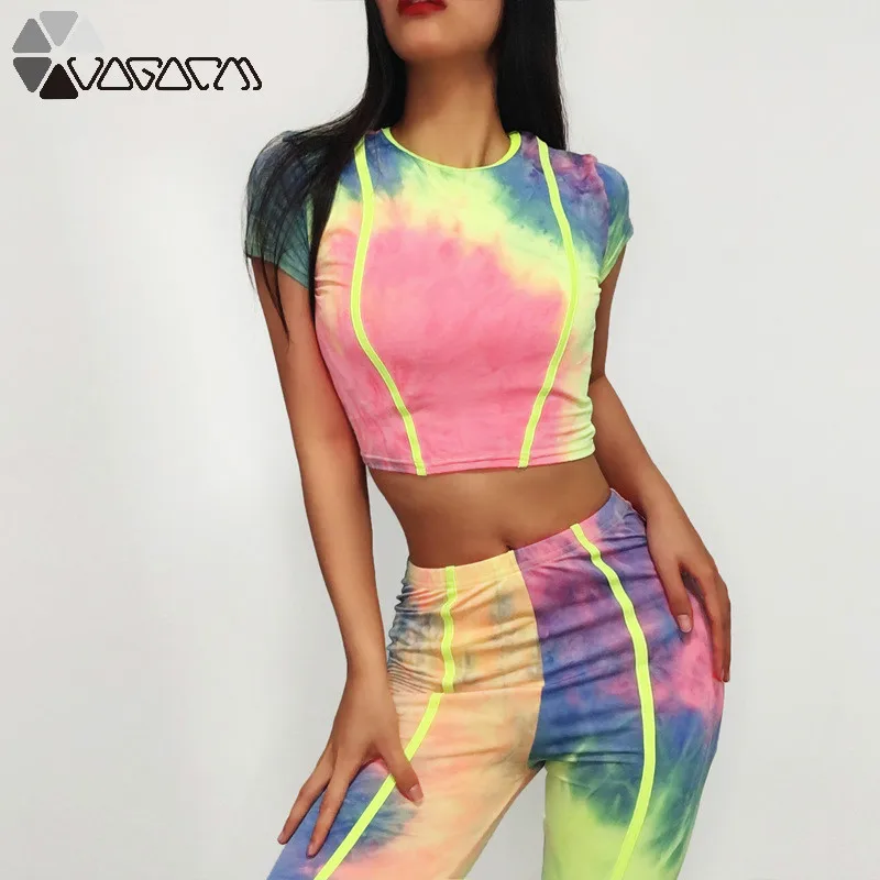 ① Активный женский Yoga Sport Gym 2 Piece Set Флуоресцентный рубашка с короткими рукавами футболки Брю ①