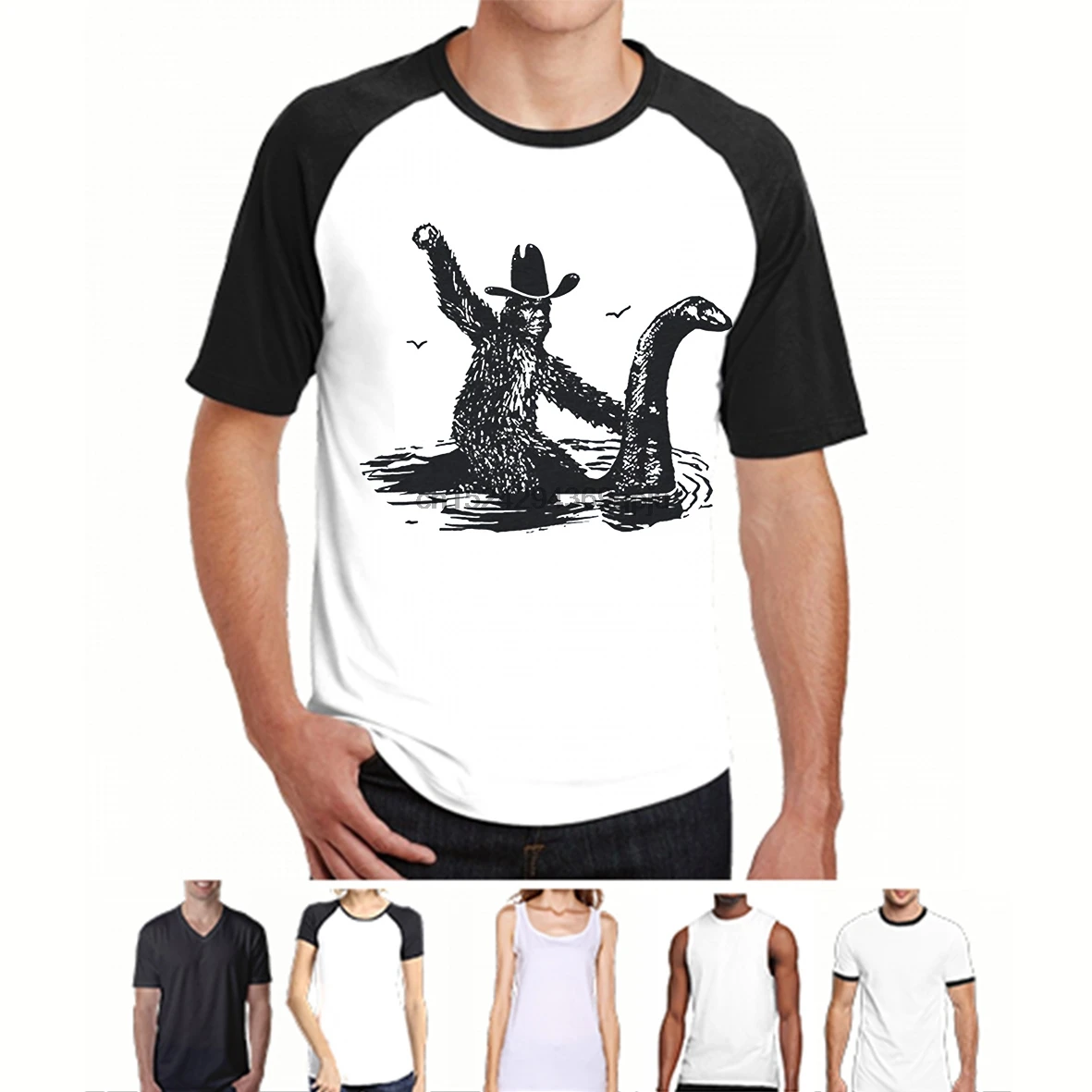 Мужская футболка Bigfoot Riding On Nessie Loch Ness с изображением монстра Sasquatch новинка wo men (1) |