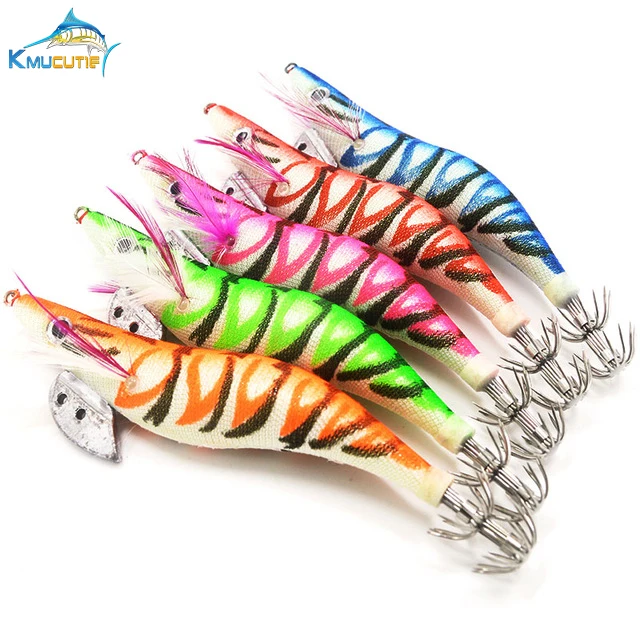 

5pcs 3.5# luminous squid jigs 13.5cm 5 colors 3D eyes Explosion squid hook fishing lures wood shrimp artificial jigging baits