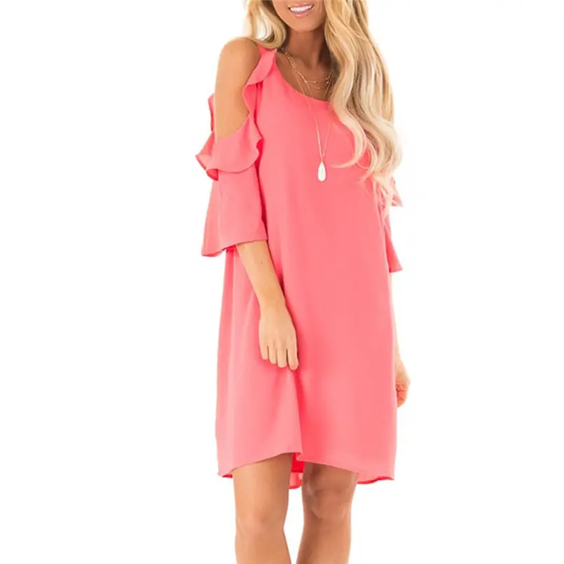 New Women Summer Ladies Strapless Shoulder Ruffle Sleeve Pure Color Summer Dress Elegant Mini Fashion Casual Vestidos #4A30 (22) - 