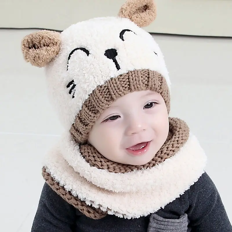 Унисекс для маленьких мальчиков и девочек симпатичный малыш зимние теплая шапочка-бини с капюшоном Шарф Earflap вязаная Кепки один размер для