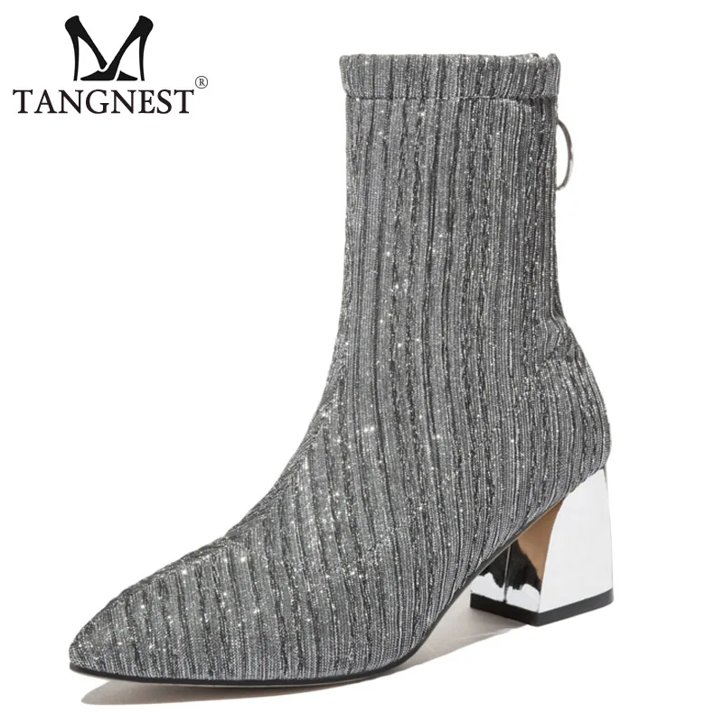 

Tangnest New Sexy Women Ankle Boots Party High Heels Silver Ladies Pointed Toe Sock Boots Casual Platform Shoes Woman XWX7338