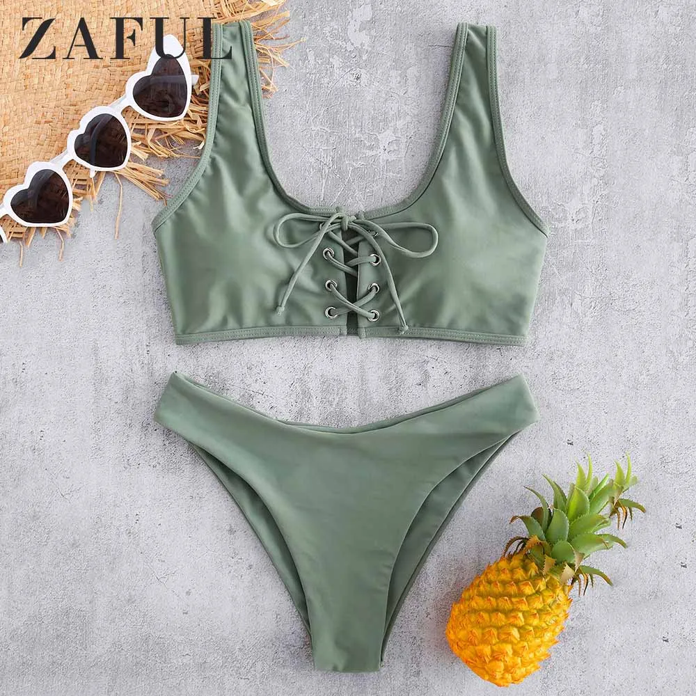 Preise ZAFUL Scoop Lace Up Bikini Set 2019 Bademode Scoop Neck Gepolsterte Badeanzug Frauen Solide Grund Badeanzug Sexy Push Up badeanzug