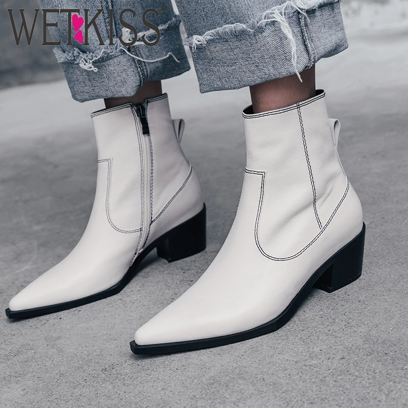 WETKISS/ковбойские ботинки из коровьей кожи женские ботильоны в ковбойском стиле
